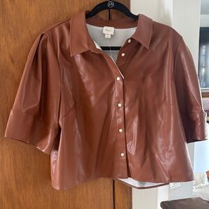 Maeve Cognac Brown Vegan Leather Button-Up Shirt
